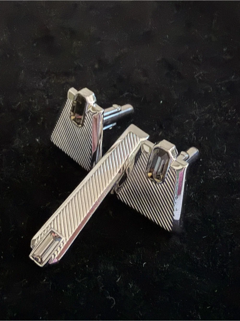 SWANK Silver Tone Cufflinks and Tie Clip with Rectangular Clear Stones